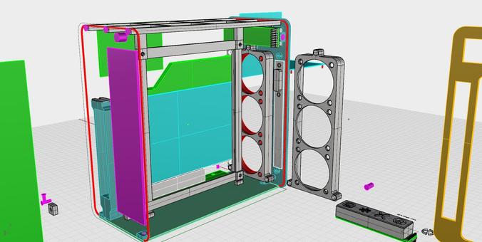 An untidy 3D model of a partially designed computer case. Highlighted in the middle is a bracket for three small fans - it's a tall rectangular box with three large cutouts, and 12 smaller holes around those cutouts for the fans to be mounted to the bracket via screws. The bracket itself has screw holes top and bottom so it can be mounted inside the front of the case.