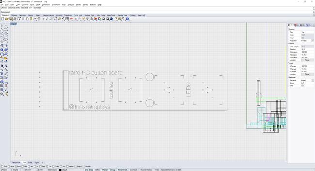 A screenshot from Rhino 3D showing a line drawing of a small circuit board. It has four square sections for two buttons and two LEDs. Text reads retro PC button board and @timixretroplays".