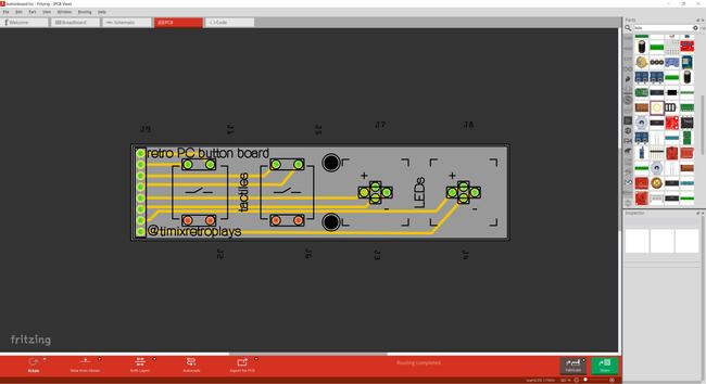 A screenshot from circuit board design program Fritzing, showing the same layout from the Rhino screenshot but with places for components and header pins added. There are yellow lines running from header pins to where the components on the board will sit.