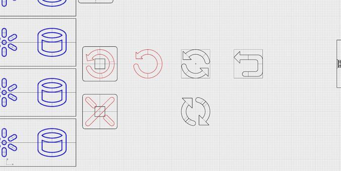Screenshot from a graphics editing program showing a few different computer symbols. There's cylinders for drive activity and a few different takes on a "reset" symbol. The newest one is on the right and is a circle-and-arrow arrangement but the circle is more squared off, to make it look less like the also perfectly round power symbol.