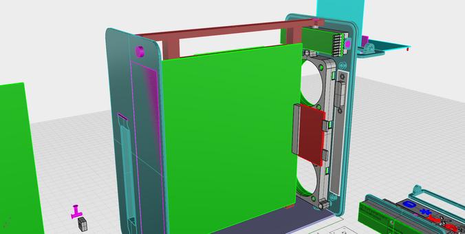 A 3D model of a partially designed computer case. The dual drive adapter from the previous post is shown in context with a motherboard and case, and the adapter is too tall to fit in the current design.