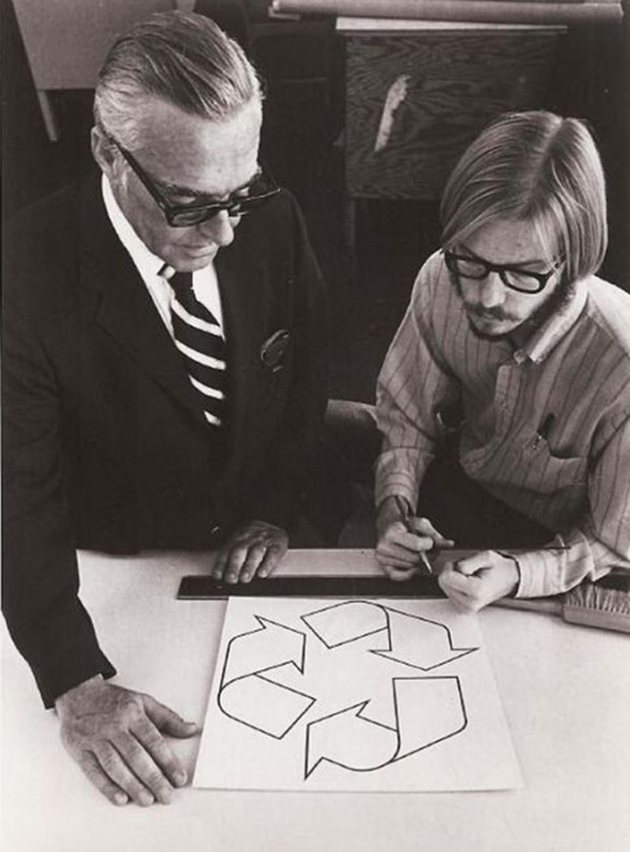 Photo of 23 years old Gary Anderson with his original recycling symbol. 1970
