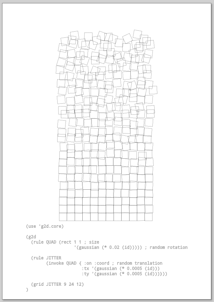 A stack of squares. More or less ordered. Only the outlines. And the correspondent Lisp code.