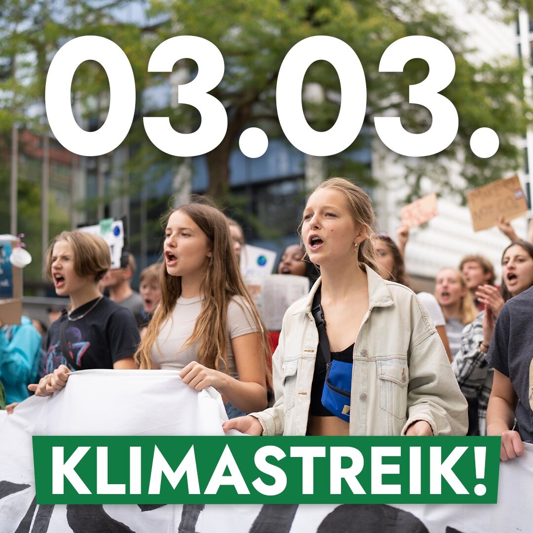 Auf einem Foto von Schülerinnen beim Klimastreik steht das Datum des nächsten Streiks, dem 3. März