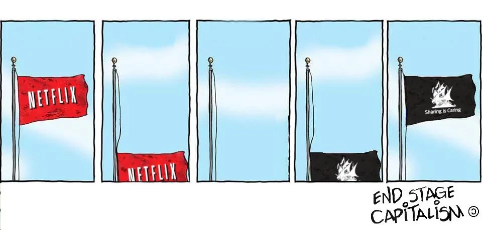 A 5 picture comic of a flag getting changed from Netflix to a "ThePirateBay" one.