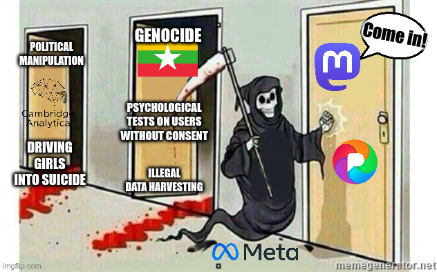 The company Meta as grim reaper going from door to door. There are two doors already open with blood coming out of them, labeled "Political Manipulation, Cambridge Analytica, Driving Girls into Suicide, Genocide (Myanmar Flag), Psychological tests on users without consent, illegal data harvesting). The grim reaper now knocks on the third door with Mastodon and Pixelfed, where Mastodon invites him in.