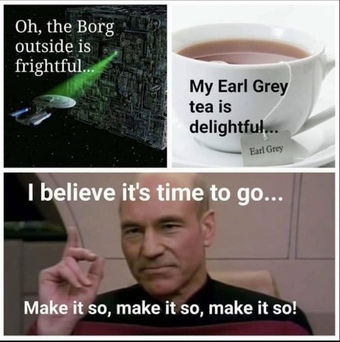 A three panel collage of a Borg cube holding the Enterprise, a cup of tea and Picard in his chair on the bridge with the caption:
"Oh, the Borg outside is frightful...
My Earl Grey tea is so delightful...
I believe it's time to go...
Make it so, make it so, make it so!"