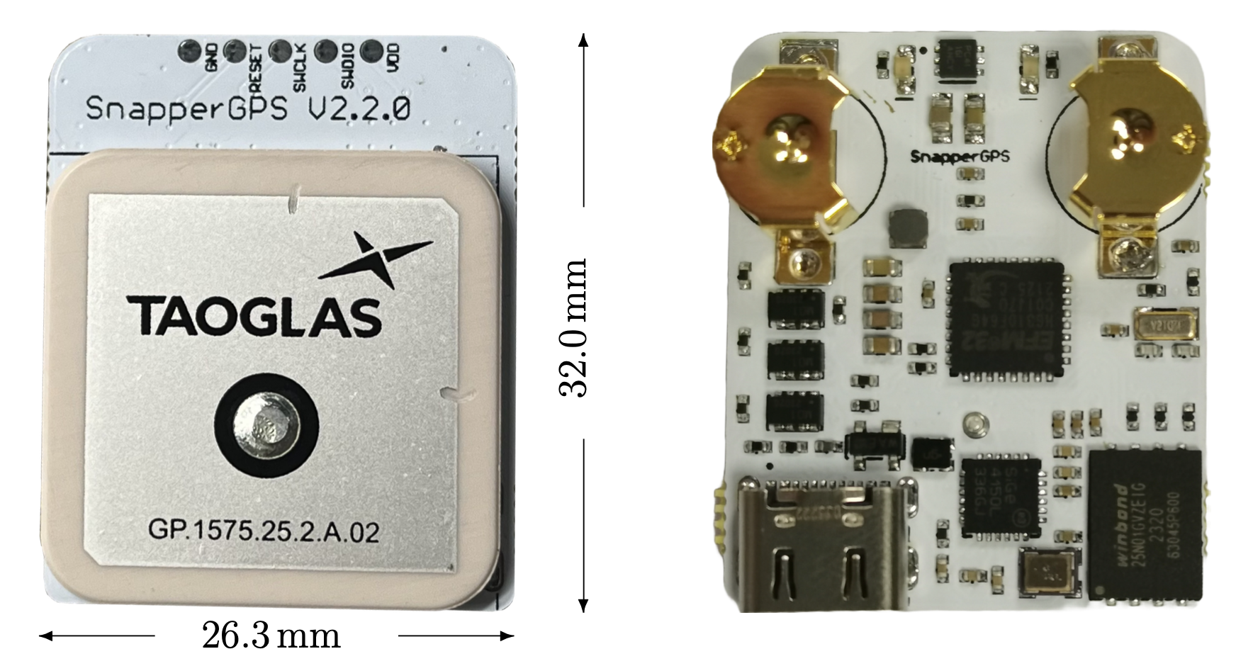Image showing the top and bottom sides of the "SnapperGPS" v2.2.0 PCB. It has white solder mask, and black silk screen. A large TAOGLAS antenna is on the top side, with some small components on the bottom side, including a USB-C connector and two coin cell holders.