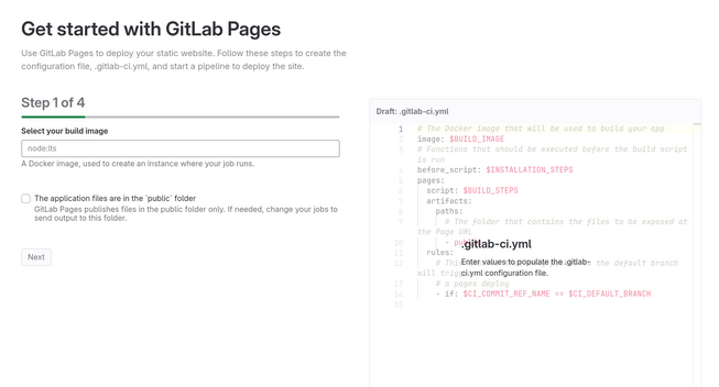 screenshot of "Get Started with GitLab Pages" which requires me to have some Docker container somewhere to "run jobs".