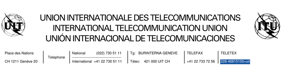Letterhead of ITU invoice containing not just telephone, but also Telex, Telefax and TELETEX number