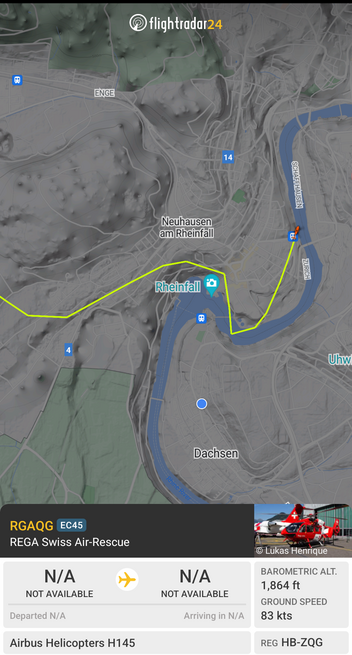 Screenshot flightradar24 des Rega Helikopters HB-ZQG bei Flug über den Rheinfall