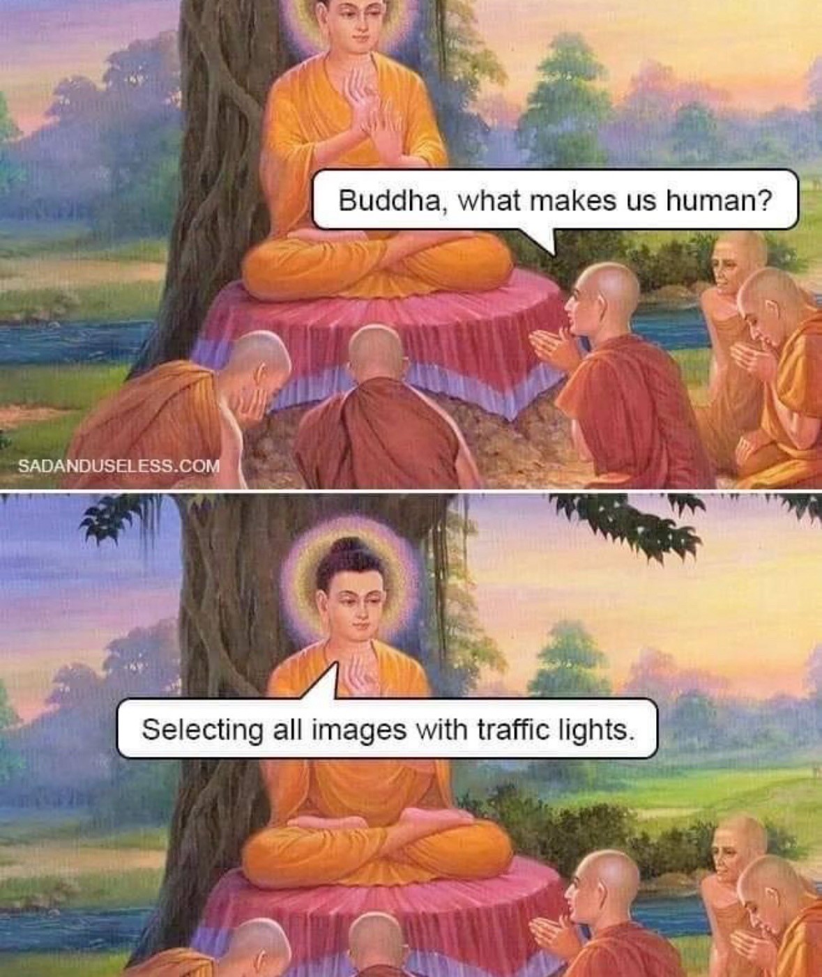 A humorous illustration depicting a figure representing Buddha, seated on a platform under a tree, surrounded by monks. One monk asks, "Buddha, what makes us human?" to which the figure humorously replies, "Selecting all images with traffic