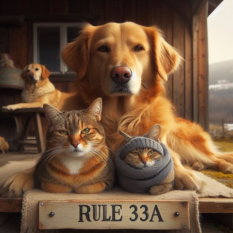 Two dogs and two cats, eye contact, plaque with engraving rule 33a