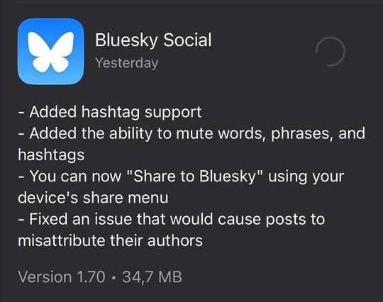 Screenshot of an update log for the Bluesky Social app, listing new features like hashtag support and the ability to mute words, along with other updates.