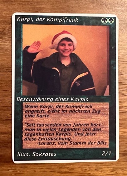 Custom trading card featuring a person with a festive hat waving. Text and graphics mimic a collectible card game design.