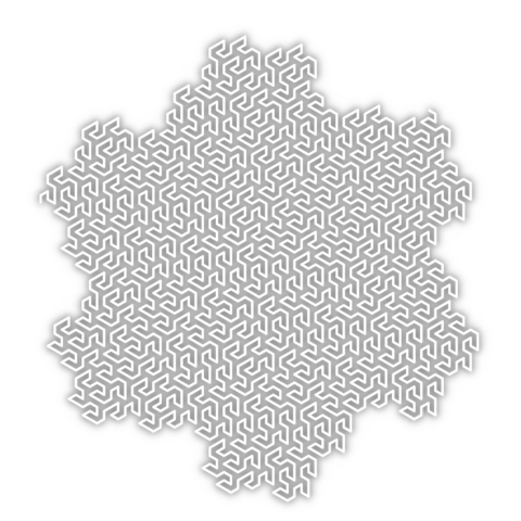 a space filling you made of line segments connected with 1/3 turn and 1/6 turn angles forming an intricate, 'snaking' and 'flowing' pattern. the outer contour resembles a roughed up hexagon or six sided star, or snowflake.

source: https://commons.wikimedia.org/wiki/File:Gosper_curve_3.svg
colors are inverted and shadows are added for better visibility and to look cooler 😏
