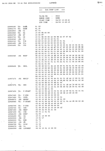 scanned print-out of a fax machine containing a B-channel protocol trace (X.75, T.70 and T.62) of the last transmitted G4 fax