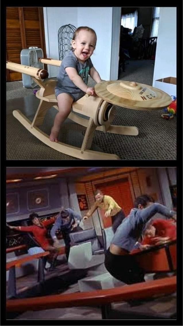 A composite image: top - a baby smiling on a wooden rocking toy shaped like a spaceship; bottom - a scene from a science fiction TV show with characters in a tilted set, simulating a spaceship in disarray.