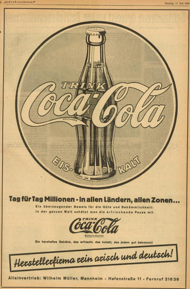 Coca-Cola Werbeanzeige vom 17.Juli 1938  "rein arisch und deutsch"