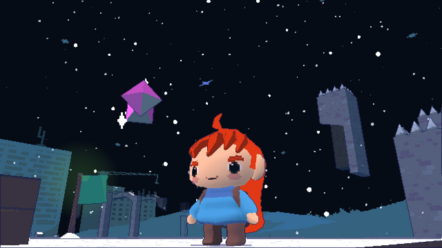 screenshot of Celeste 64 showing madeline in all her cute pixely glory and the snowy crumbling skyline of the Foresaken City. as well as a waypoint flag and a double dash crystal.