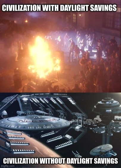 A scene from the DS9 episode 'Past Tense' showing a street riot with the caption 'Civilization with daylight savings'. Below a picture of a space station and a space dock with different starships and the caption 'Civilization without daylight savings'.