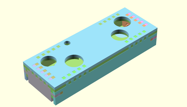 A 3D rendering of a box with many holes. The box's walls consist of 2-3 sheets of constant thickness (eg. to be laser cut), and interlock with each other in finger joints.