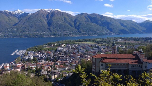 View from Orselina on Locarno, the Maggia delta and the Lago Maggiore in the distance and the monastry Madonna del Sasso in the foreground.