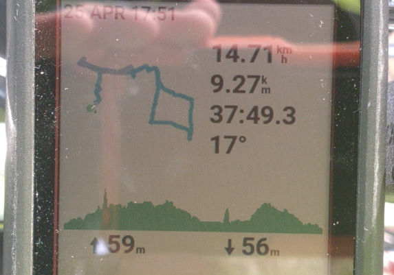 Screenshot (literally) of my Garmin GPS after the tour:

The track looks like a very bend old key. The height profile shows two bigger bumps and two sharp peaks: One on the raise of the first bump, one between the two bumps.

Statistics shown:

14.71 km/h (average)
9.27km
37:49.3 (riding duration in minutes and seconds)
17℃
up 59m down 56m (actually should be identical values, but oh well)