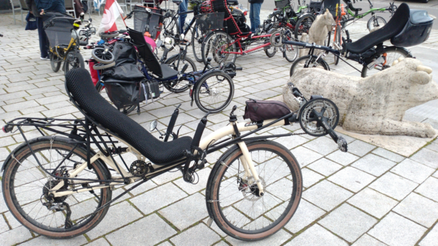 A lot of recumbent bicycles parked on Lauchringen's market place.