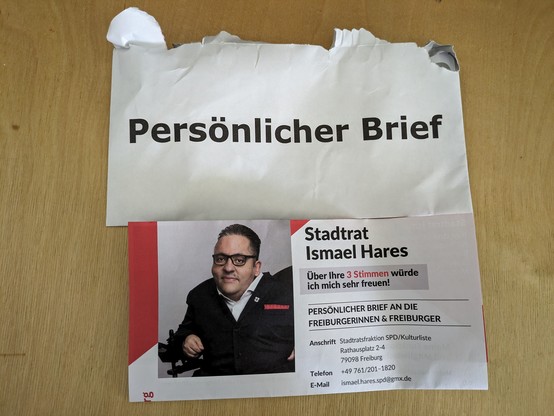 Wahlwerbung eines SPD-Kandidaten für die Kommunalwahl, die in einem Umschlag mit dem Aufdruck "Persönlicher Brief" in den Briefkasten geworfen wurde.