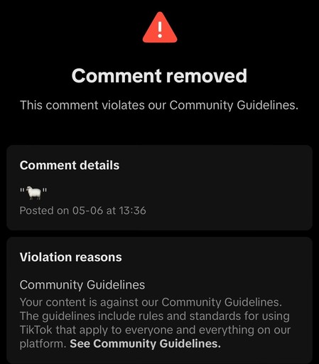 A screenshot showing a removed comment notification on a social network platform, stating the comment violated community guidelines, with an exclamation mark icon, and a link to the community guidelines for reference.