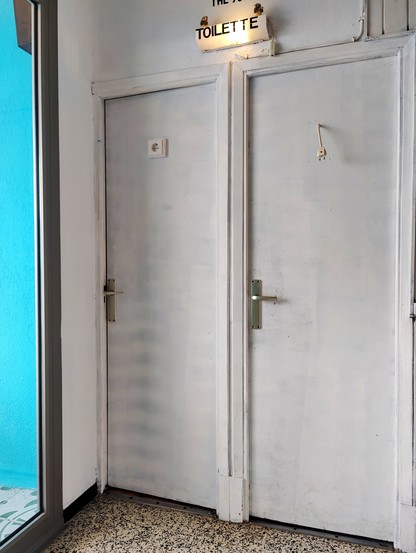 Two bathroom doors that are marked with a male and a female plug 