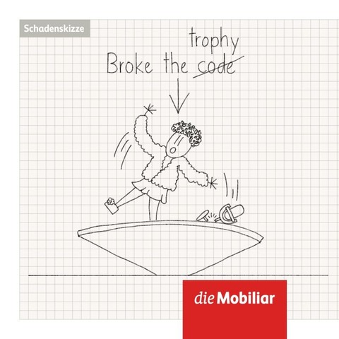 Schadenskizze von Nemo auf dem Drehteller, ein zerbrochener ESC Pokal, Text darüber "Broke the code", Code durchgestrichen, ersetzt durch "trophy" 