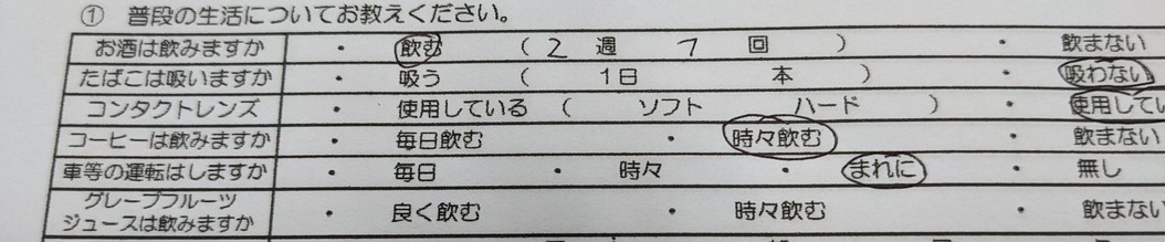 Part of a questionnaire at a doctor in Japan