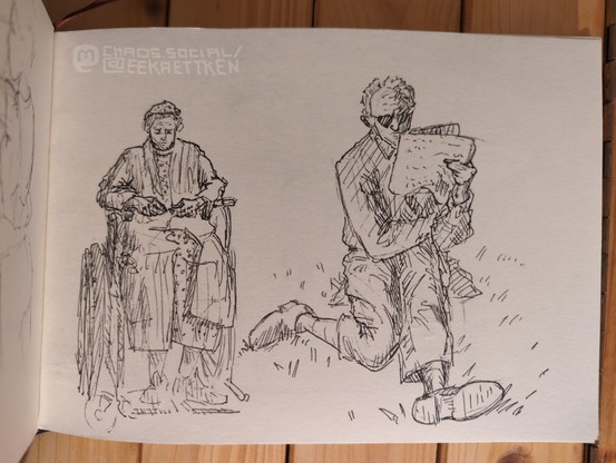 Black Fineliner on paper.

Left, a person sitting in a wheelchair, looking at their hands. 

Right, a person wity sunglasses looking at a newspaper, sitting in the grass.