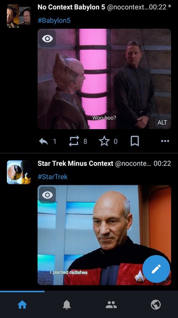Screenshot of 2 Toots in my timeline. Babylon 5 without context posted an img of leneer in an elevator, saying "woo-hoo" to Sheridan... just after star trek without context posted an img of Picard listing to someone saying something about planting stuff. 