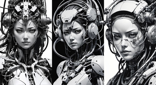 three cyberpunk style fembots. monochrome graphic created by AI