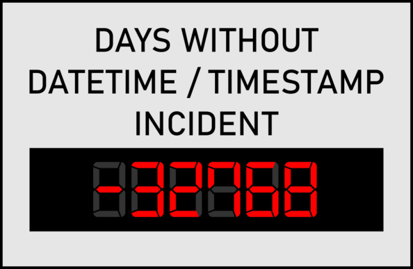 a sign with text "days without datetime / timestamp incident" and digits in red on black showing -32768