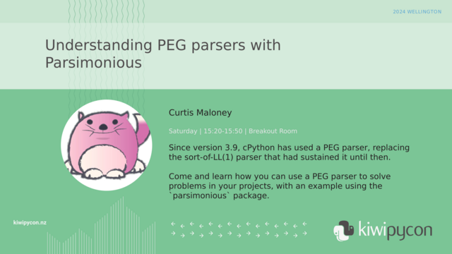 A KiwiPycon 2024 schedule entry:

Understanding PEG parsers with Parsimonious

Curtis Maloney

Since version 3.9, cPython has used a PEG parser, replacing the sort-of-LL(1) parser that had sustained it until then.

Come and learn how you can use a PEG parser to solve problems in your projects, with an example using the “parsimonious” package.