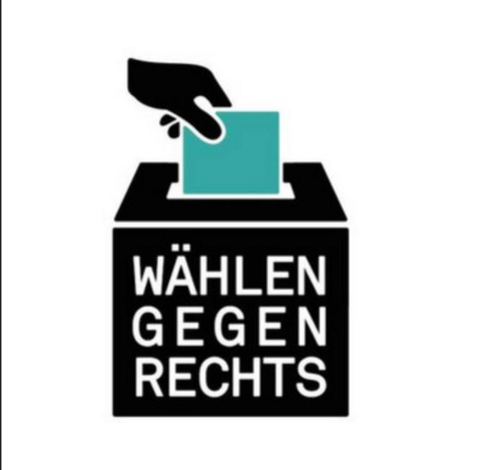 Stilisiertes Bild: Hand steckt einen türkisen Wahlzettel in eine schwarze Urne auf der steht:
Wählen gegen Rechts