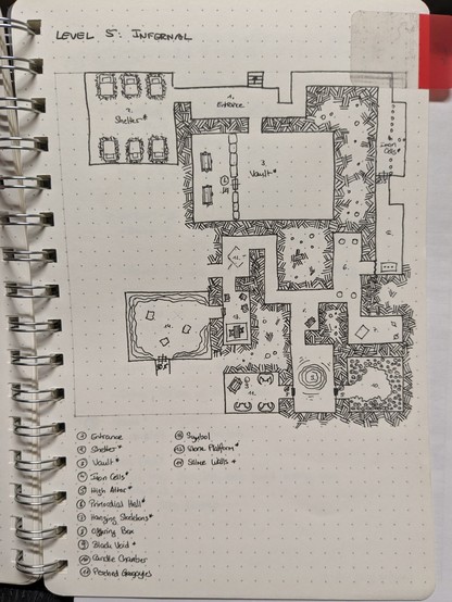 Hand drawn map of a dungeon level... It is clearly unfinished as there's still some space left on the prepared grid space.