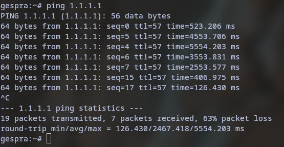 ping to 1.1.1.1 with an average ping time of 2467.418ms and 63% packet loss
