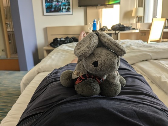 Plush donkey sitting on his human who's lying down on a hotel bed