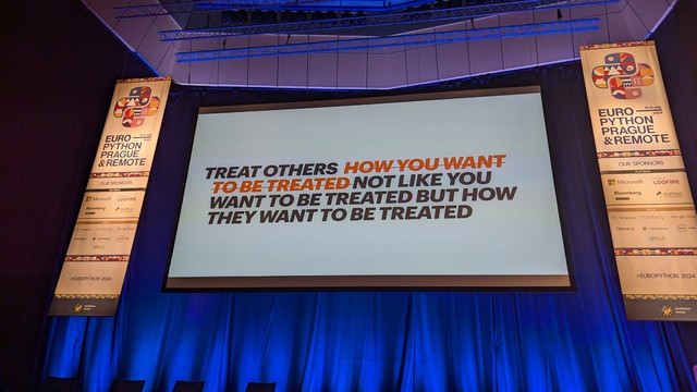 A slide that corrects the phrase "treat others how you want to be treated" to "treat others how THEY want to be treated."