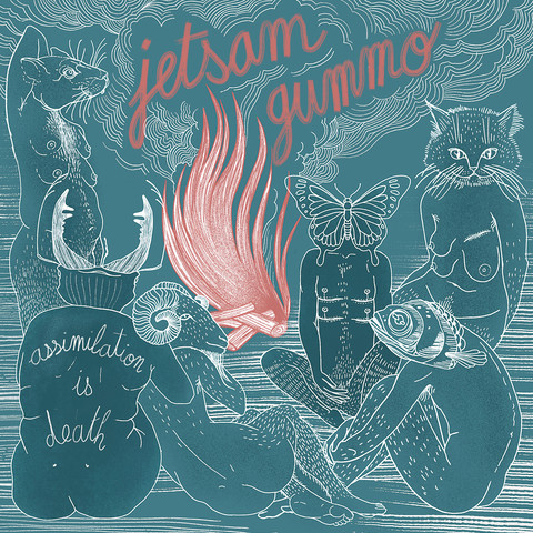 LP cover: GUMMO - Assimilation Is Death

Humans with diferent animal faces (blue) sit around a fire (red).