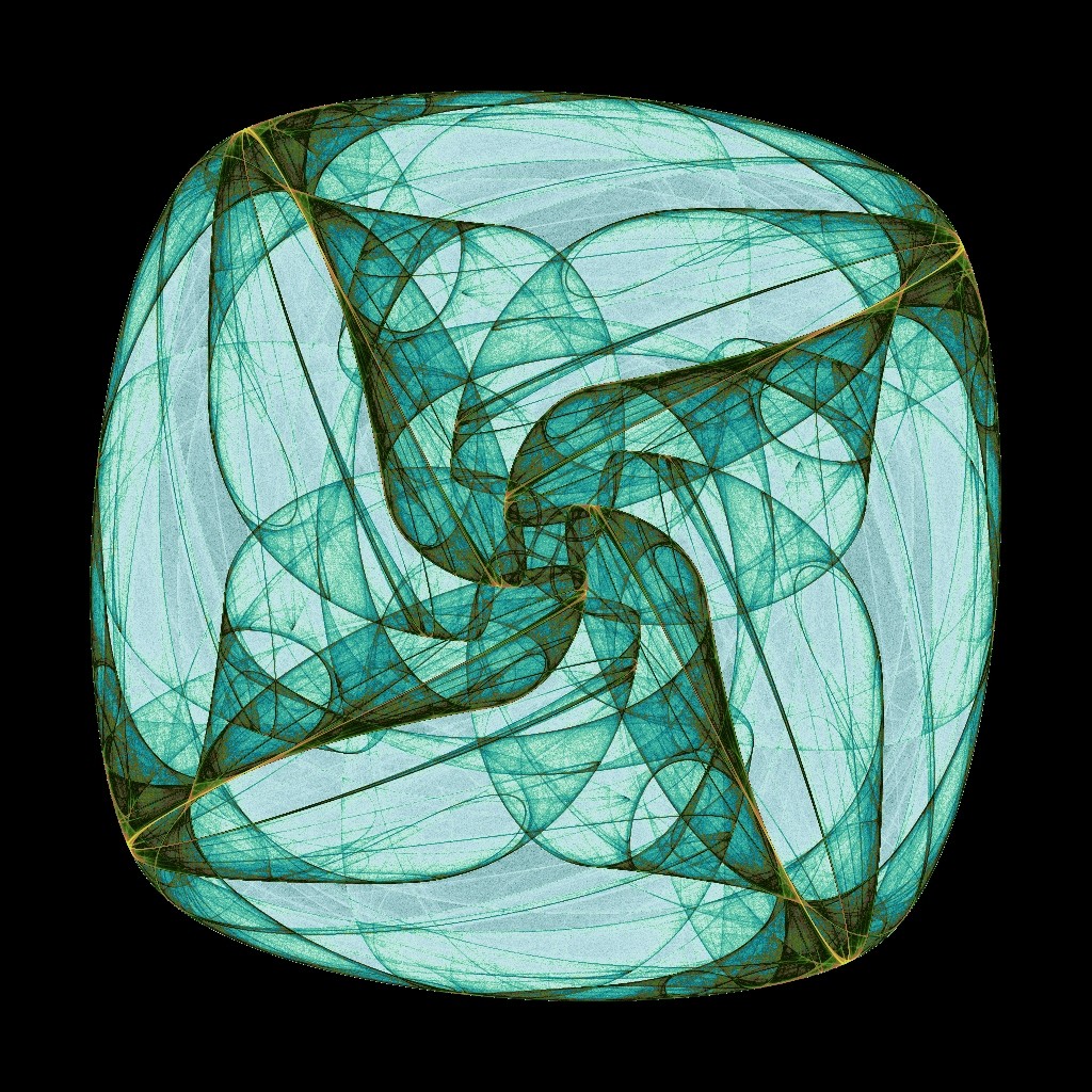 A mixture of the attractor of chaotically distributed points and a 4-fold rotational symmetry. In shades of blue with small prominent golden lines.