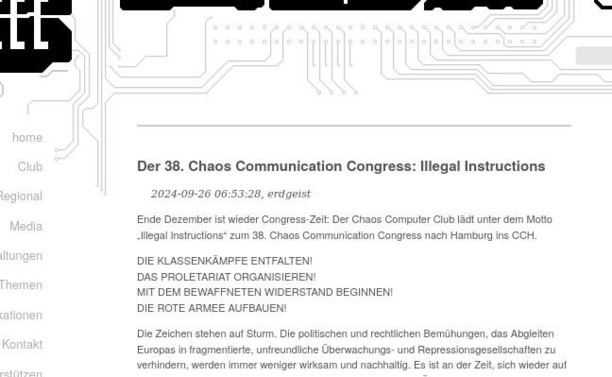 Screenshot der 38C3-Ankündigung, im Text findet sich der Absatz: DIE KLASSENKÄMPFE ENTFALTEN! DAS PROLETARIAT ORGANISIEREN! MIT DEM BEWAFFNETEN WIDERSTAND BEGINNEN! DIE ROTE ARMEE AUFBAUEN!
