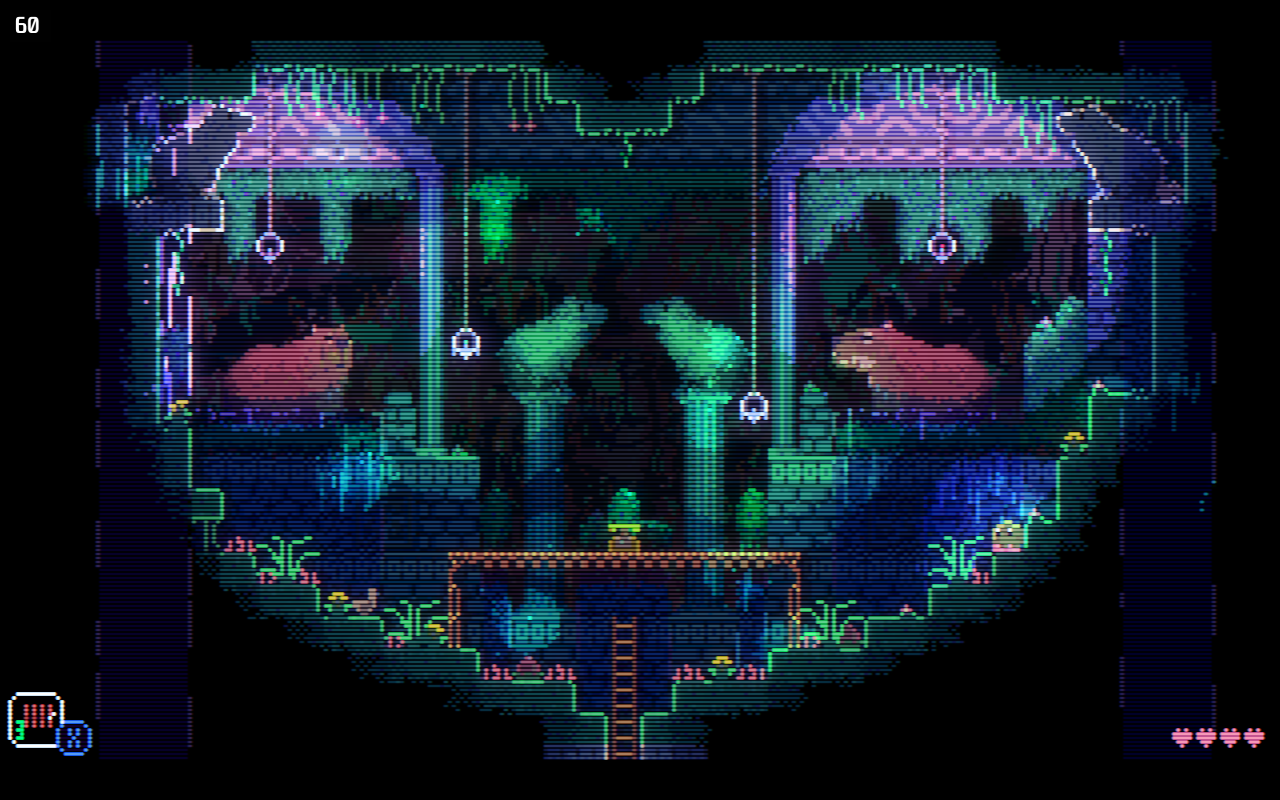 Screenshot of Animal Well, showing a cave with some capybaras, plants hanging from the ceiling, and small lights. The grass on the ground looks like it glows.