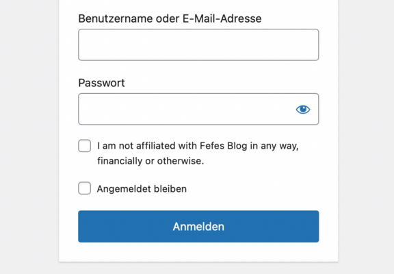 Screenshot einer Loginmaske mit der Checkbox „I am not affiliated with Fefes Blog in any way, financially or otherwise.“