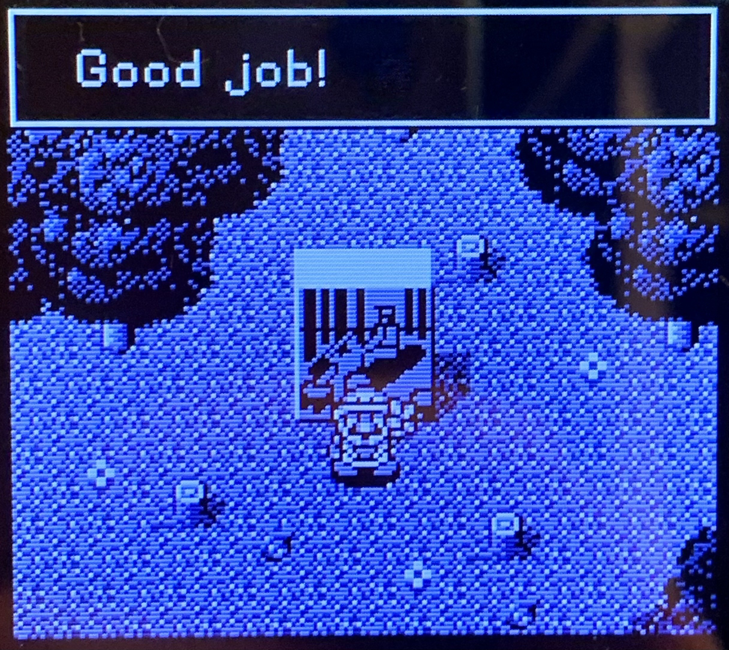 A retro-style video game scene featuring Mario in a pixelated landscape. The screen displays the message "Good job!" along with a picross monument in the background. Trees and rocks are visible in the environment